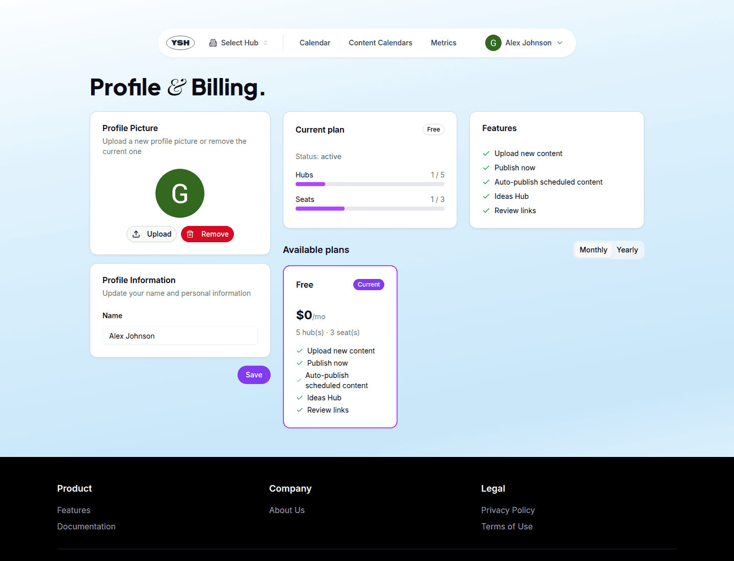 Profile and billing page
