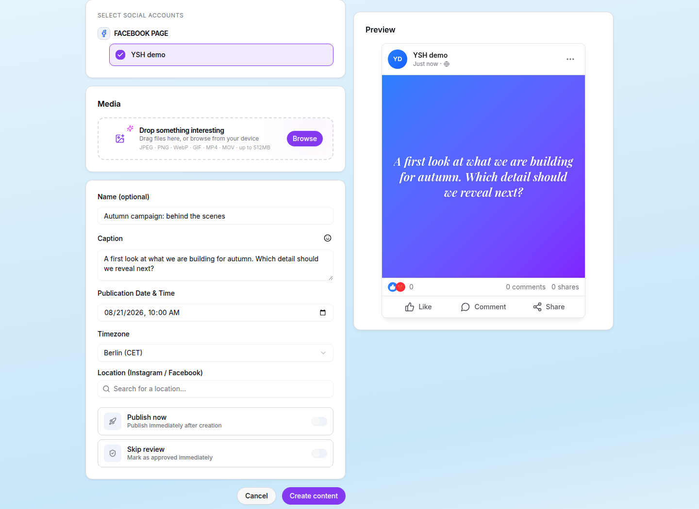 Create a social post in Your Social Hub with a caption, planned publication date and live preview