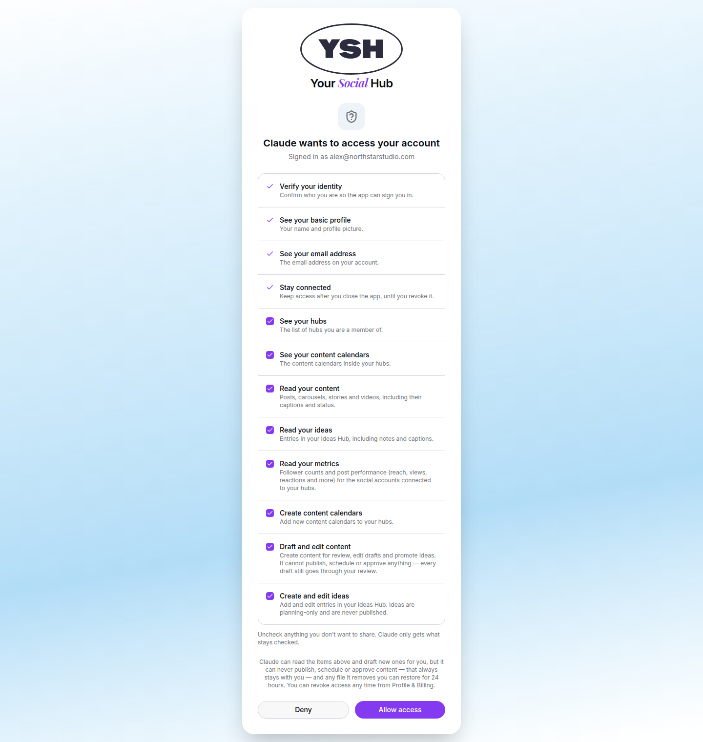 Claude asks for specific Your Social Hub permissions before connecting