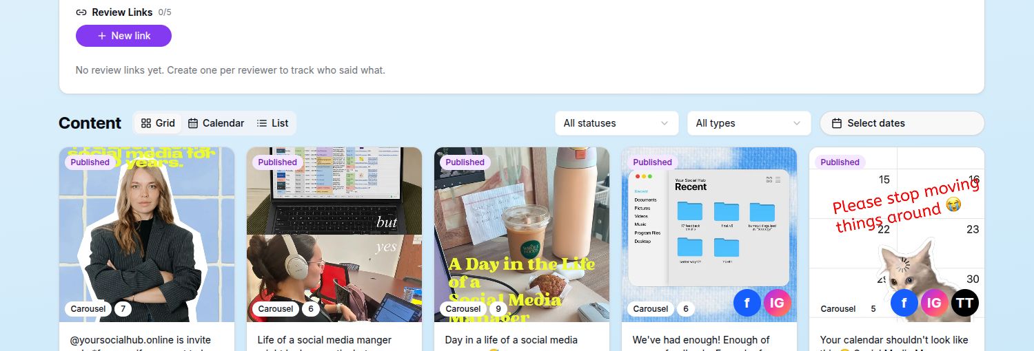 Published social posts with completed creative in Your Social Hub