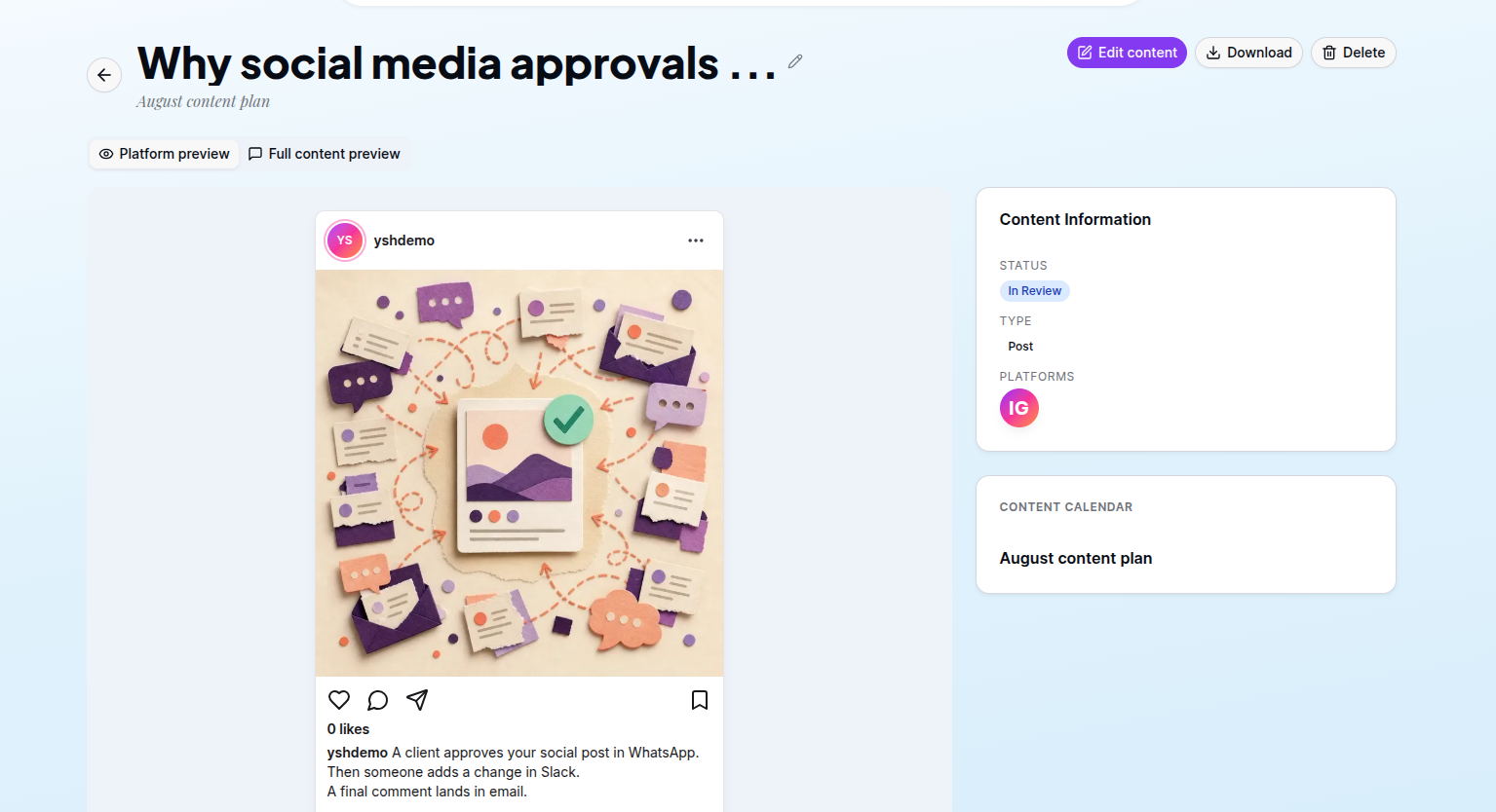Published content with its selected platforms